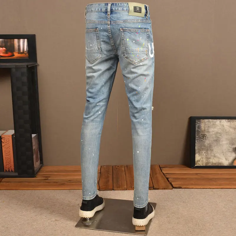 Streetwear Fashion Men Jeans Retro Light Blue Stretch Skinny Fit Ripped Jeans Men Painted Printed Designer Hip Hop Denim Pants