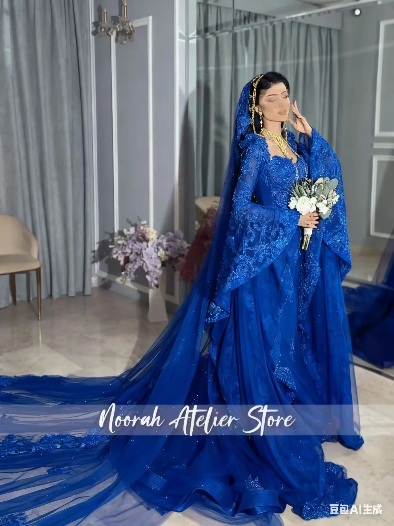 فساتين زفاف نسائية فاخرة بأكمام طويلة مزينة باللون الأحمر في دبي 2025 ذيل فيستدو دي نويفا تول رداء دي ماري مخصص #4