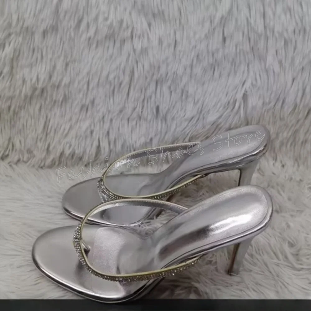 실버 라운드 토 크리스탈 플립플롭 스틸레토 하이힐 여성용 파티 슈즈 2025 여성용 신발
