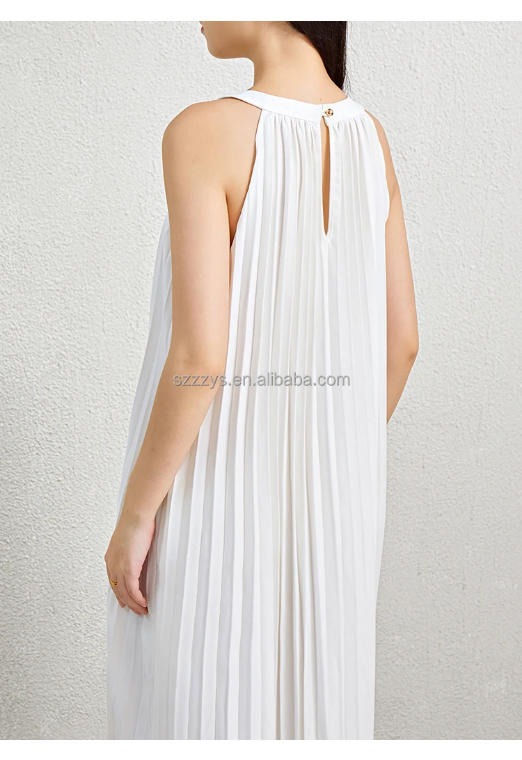 In Stock Hot Sale Women's Neck Hanging Sleeveless Dress Solid Color Flowing Pleated Beach Lady Tank Top Dresses