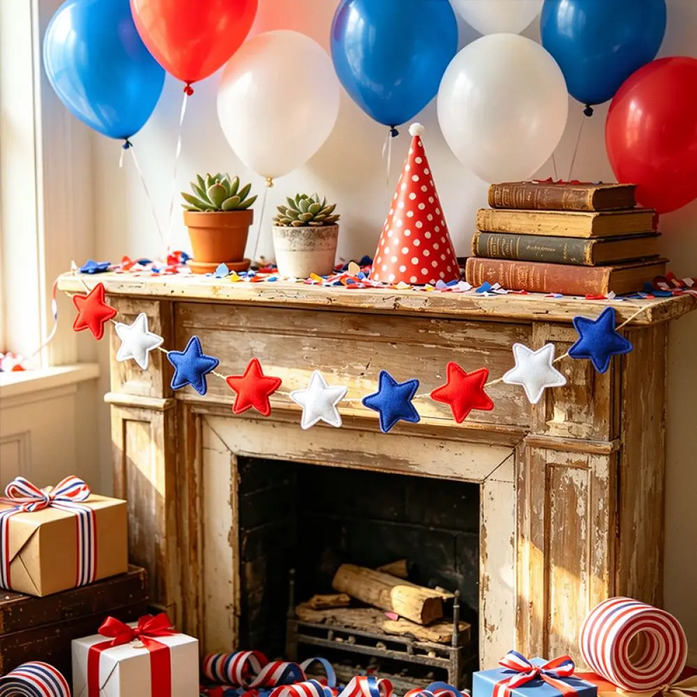 Patriotic USA Banner Felt Garland With Wooden Beads Hanging Ornament For July Fourth Holiday Party Home Wall Decoration