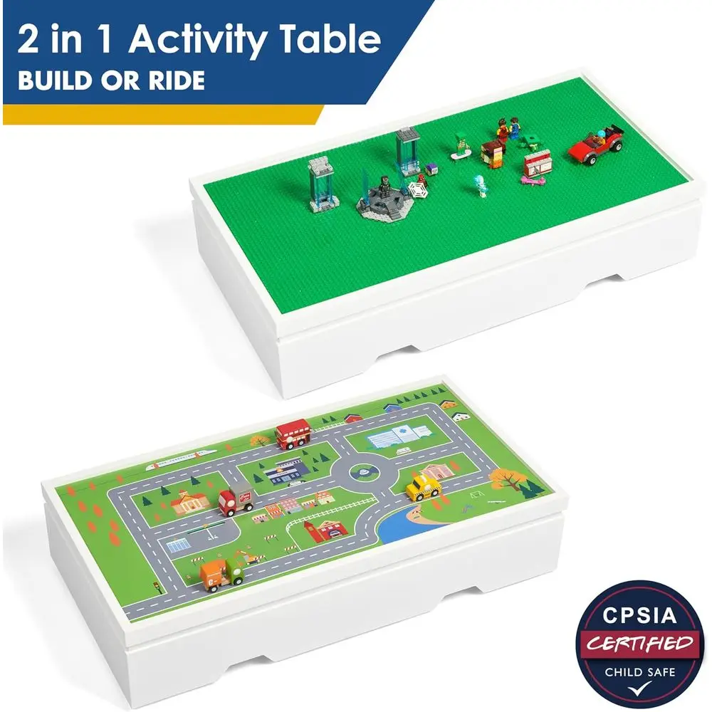 Lego-Compatible Kids Train Activity Table with Storage, Wheels, and Reversible Top for Easy Storage Under Furniture
