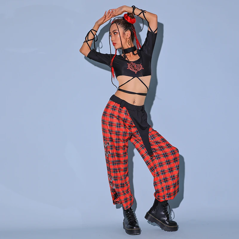 Jazz Dance Costume Women Hip Hop Clothes Red Lattice Outfit Gogo Dancer Dj Performance Wear Modern Pole Dance Clothing BL7846