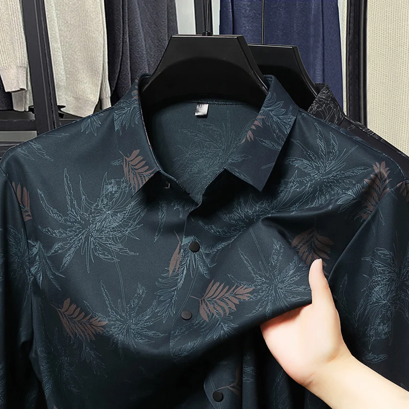 Camicia a maniche lunghe da uomo premium con risvolto stampa foglia chiusura con bottoni autunno traspirante moda business casual tendenza classica abbigliamento da uomo