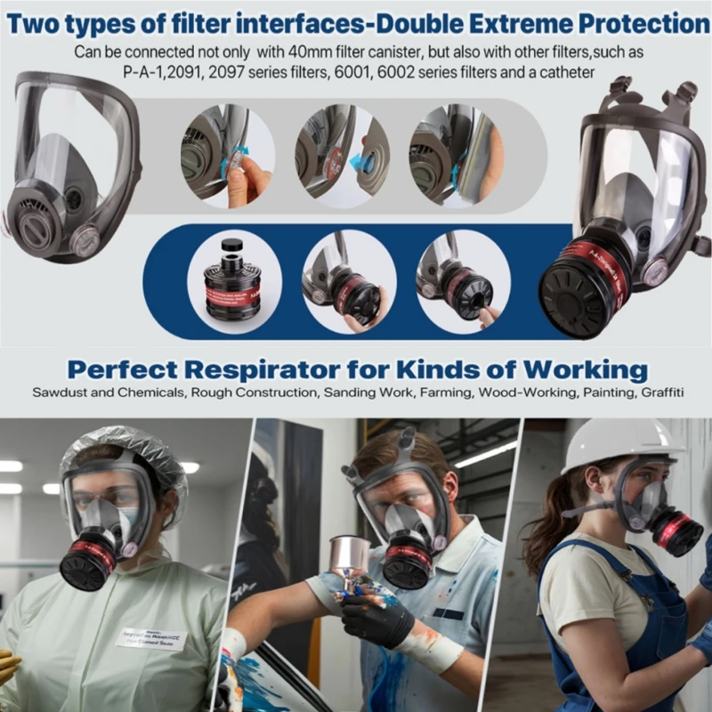 قناع غاز، جهاز تنفس كامل الوجه، مع فلتر كربون منشط 40 مم، مناسب للمواد الكيميائية والغازات والدهانات والبخار واللحام