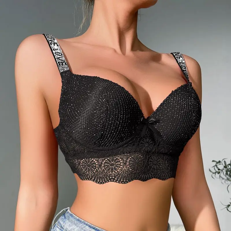 Beauwear Contrast Lace Push Up Bras Elegant Rhinestone Straps Scallop Trim Bra for women 80B 85B 90B 95B-137