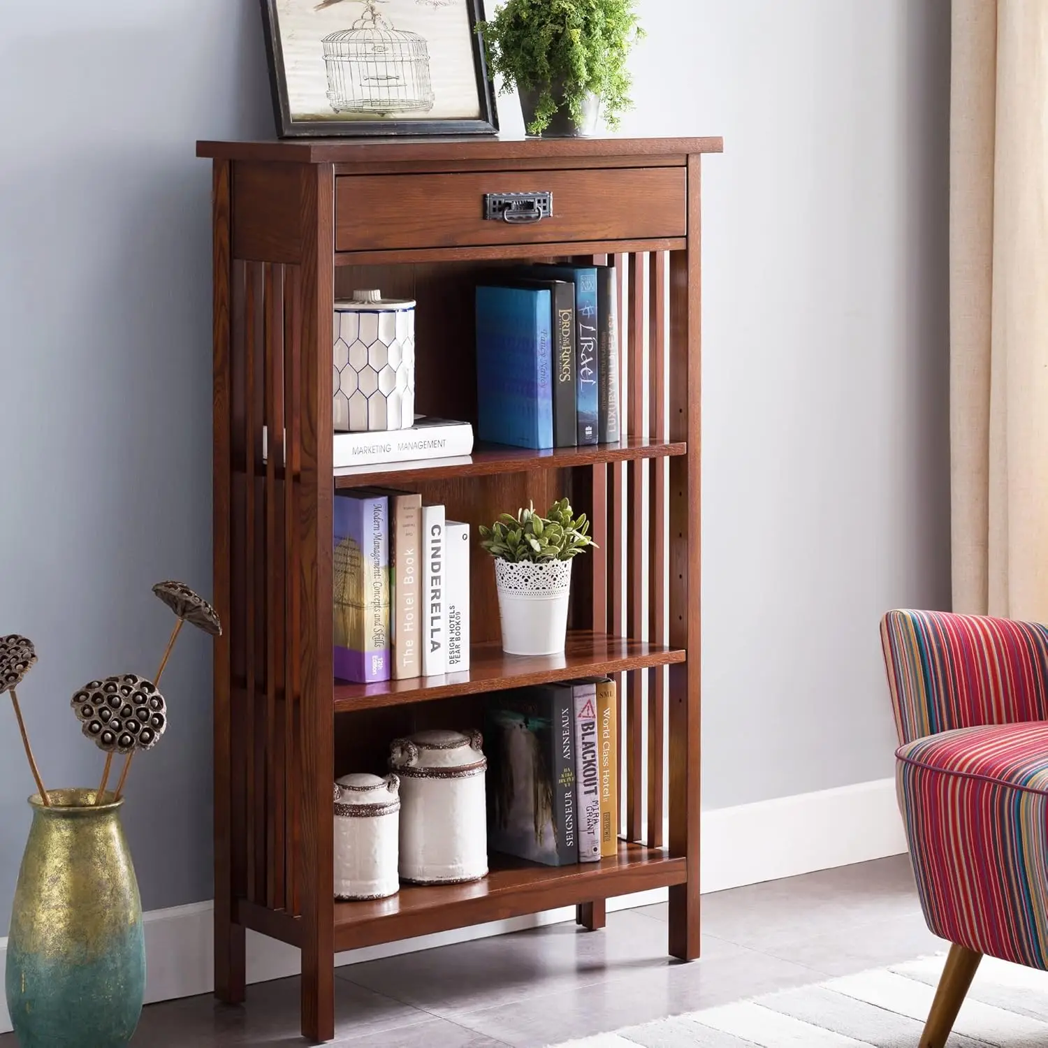 Height Bookcase with Slatted Sides and Top Drawer Made with Solid Wood for Living Rooms Mission Oak Finish Brownbronze