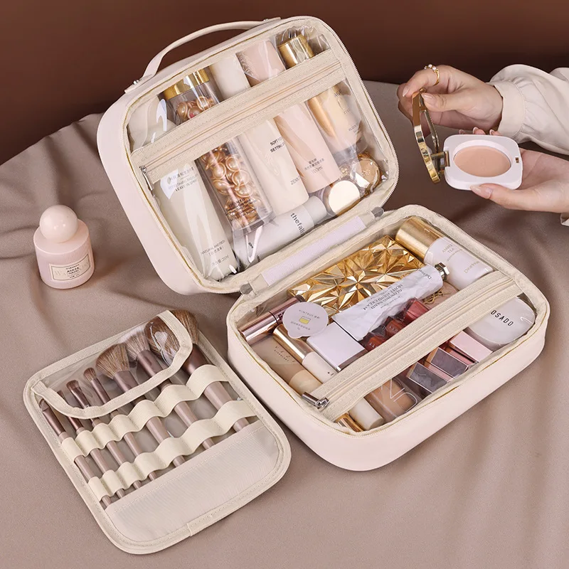 Women PU Leather 3 in 1 Makeup Bag Double Layer Travel Makeup Cosmetic Bag With Zipper Multi-Compartment Toiletry Organizer