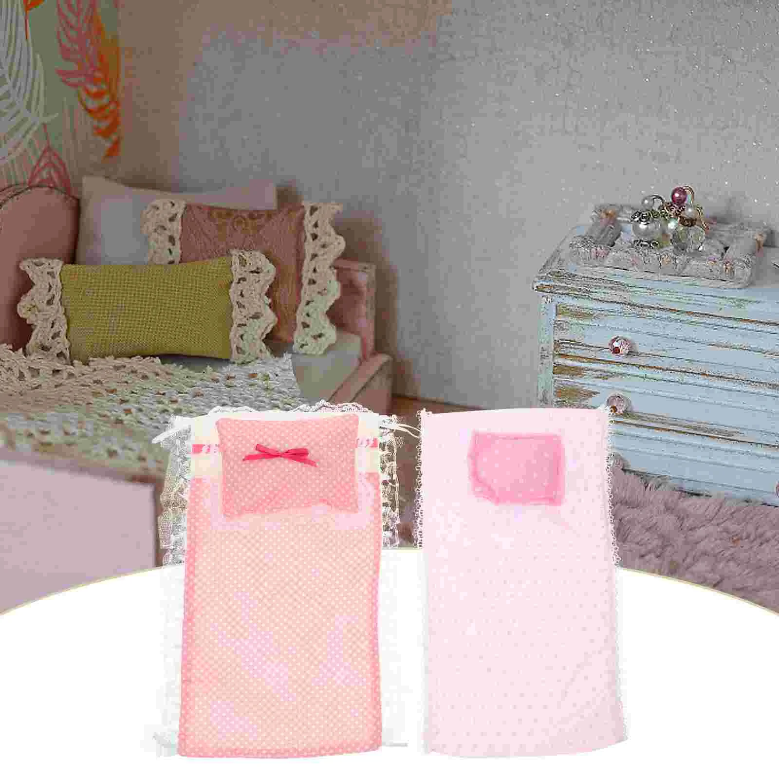 2 Sets Pink Sheet Pillow Quilt Accessories House Bedding Miniature Pillows Bedsheet Cotton Kit