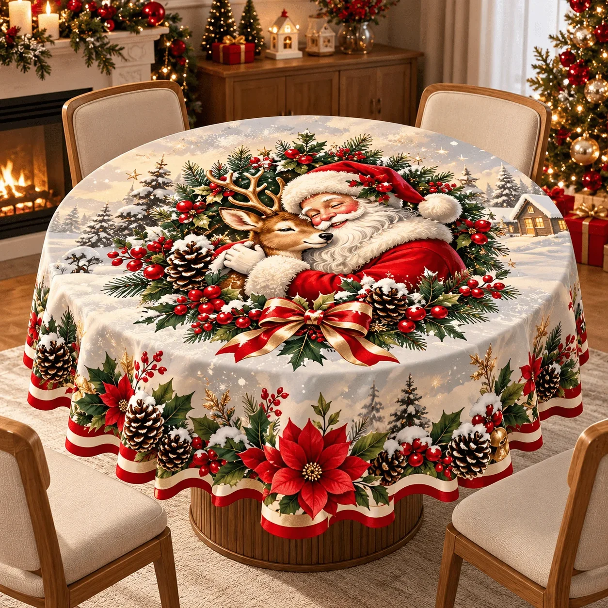 1 round tablecloth, Santa hugs reindeer print, polyester material, exquisite Christmas snow pattern