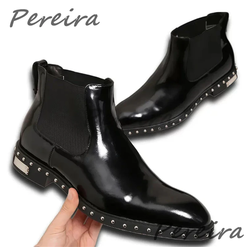 British Style Cowhide Chelsea Boots Metal Rivet Thick Sole Short Boots Trendy Patent Leather Party Banquet Business Dress Shoes