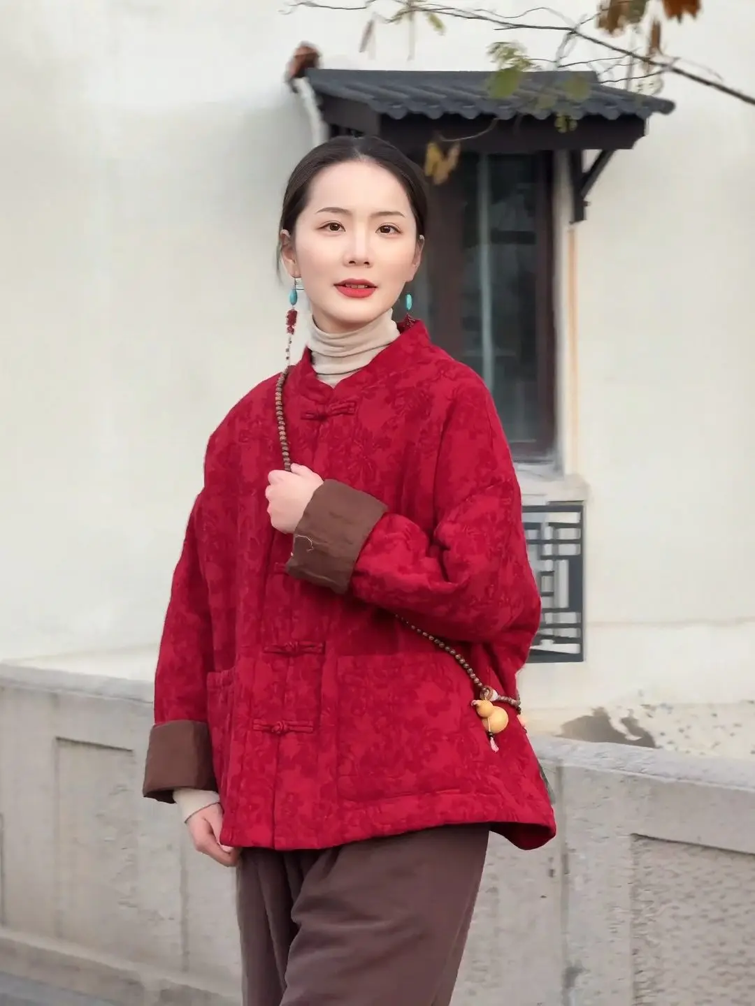 

Red Thiened Cotton Jaet Women's Large Size Retro Artistic New Chinese Sle National Trendy Coat Winter Long Sve Button