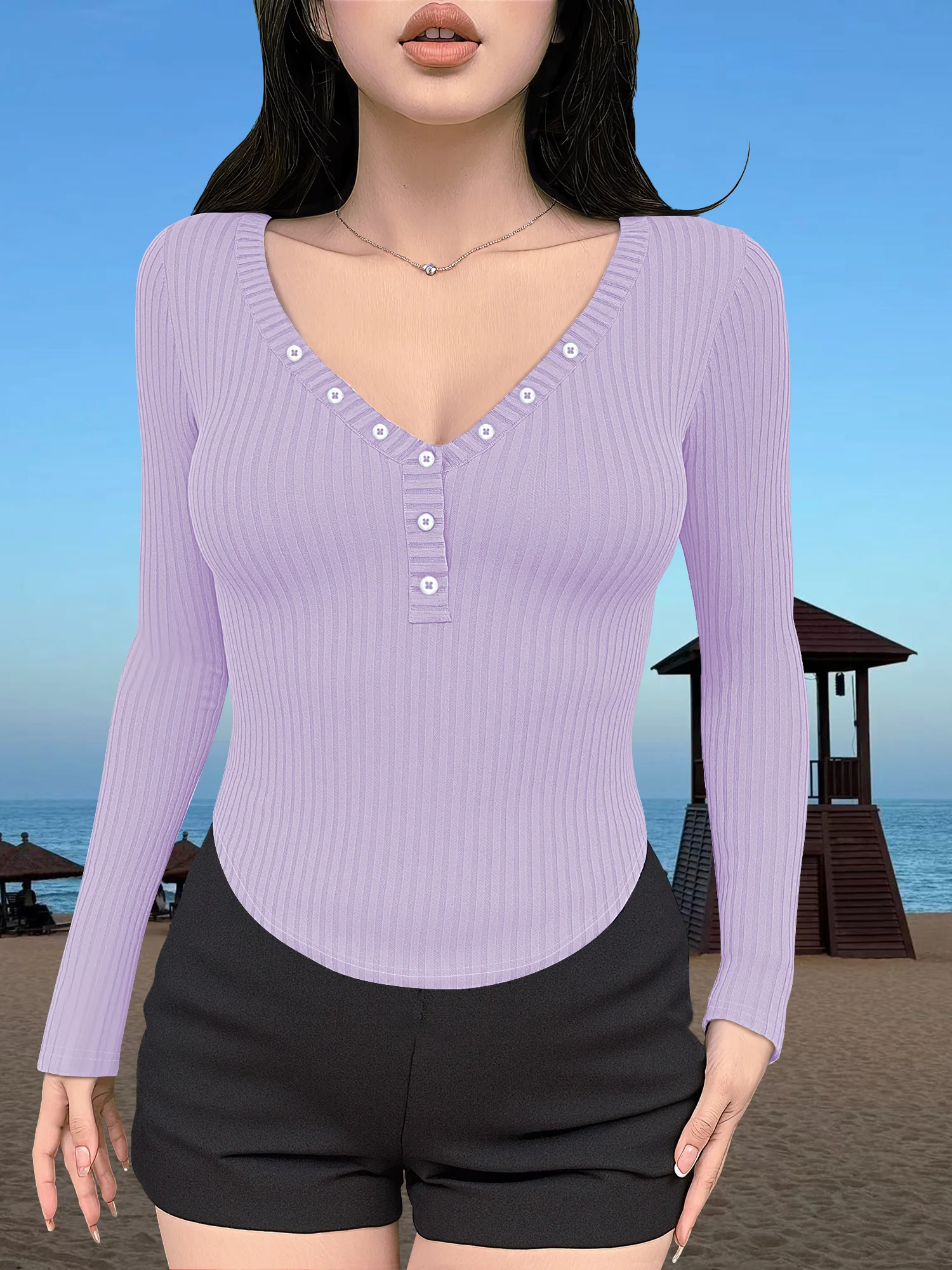 Polished Body‑Skimming Ribbed Blouse, Front Button Detail Henley Top for After‑Office Conferences