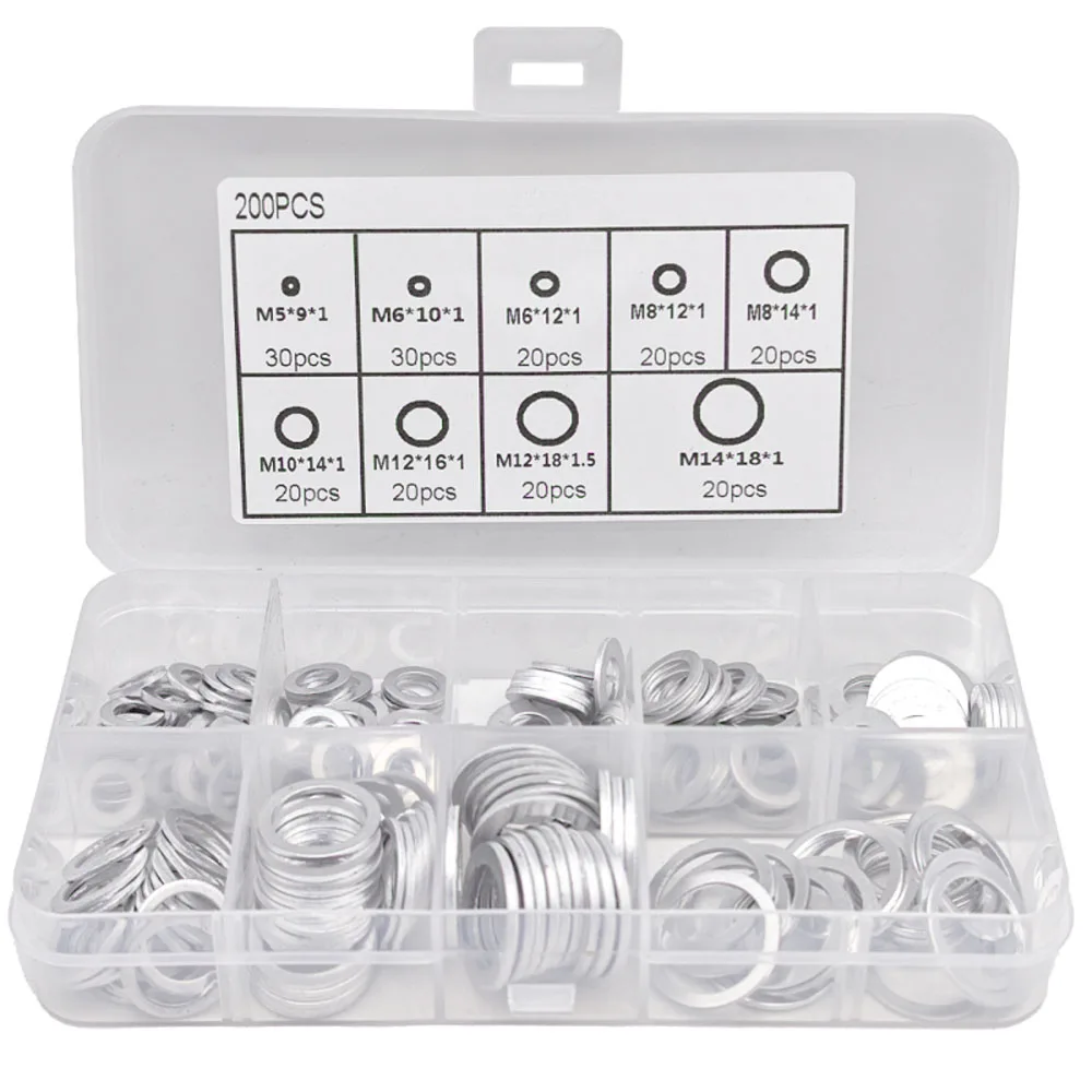 200/400/600pcs Oil Drain Plug Gasket White Aluminum Alloy Washer Crush Washers Kit, Including 9 Sizes - M5 M6 M8 M10 M12 M14