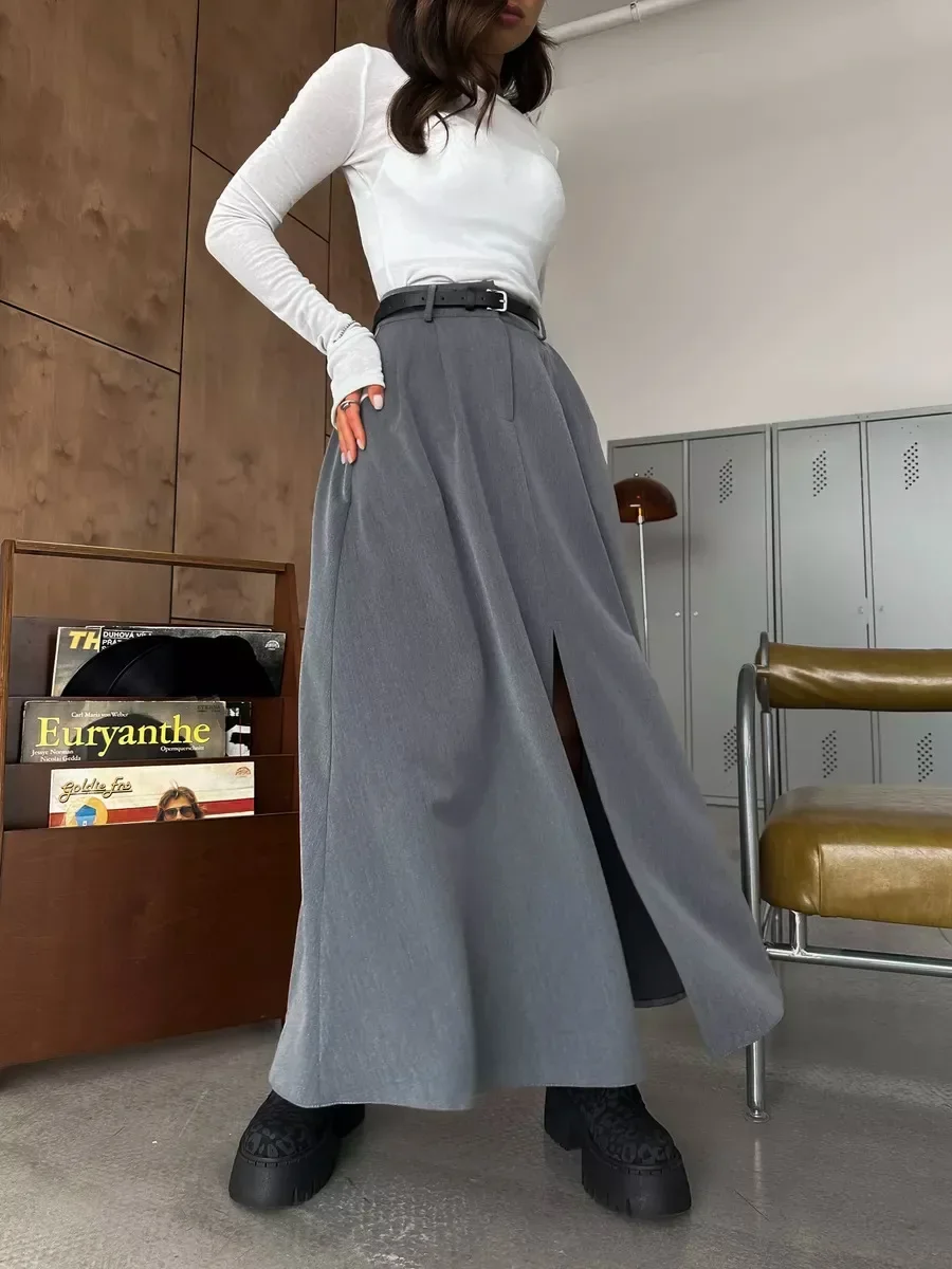 

Wolfeel Women's Summer New Grey Casual Long Skirt Fashion Retro Big Skirt Female Commuting Casual Split High Waisted Long Skirt