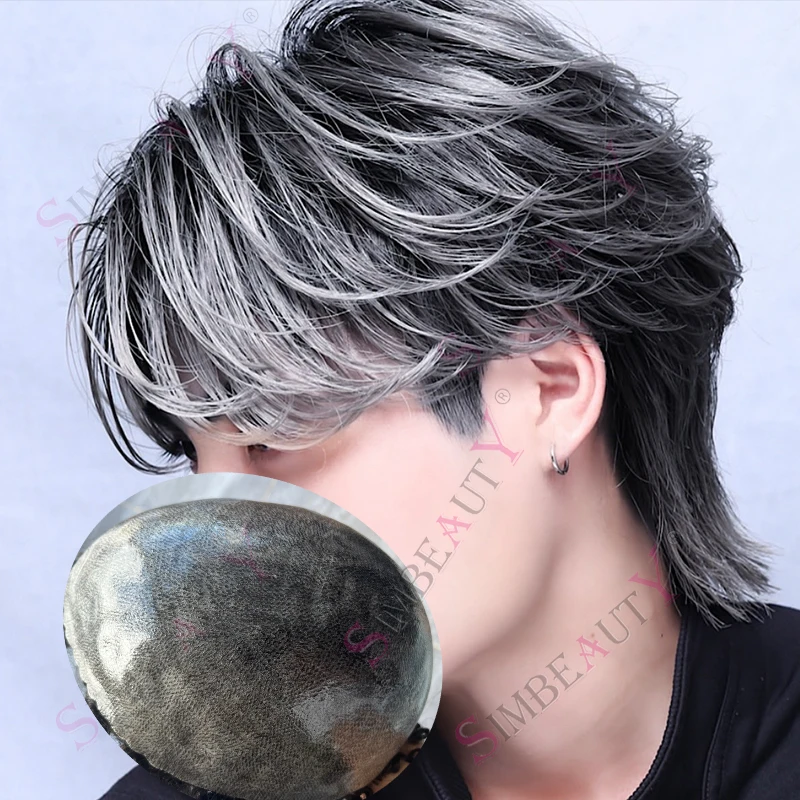 

1B50 1B80 White Grey Black Mix Human Hair Cheapest Thin PU Base Men Toupee Super Durable Scallop Front Wave Capillary Prosthesis