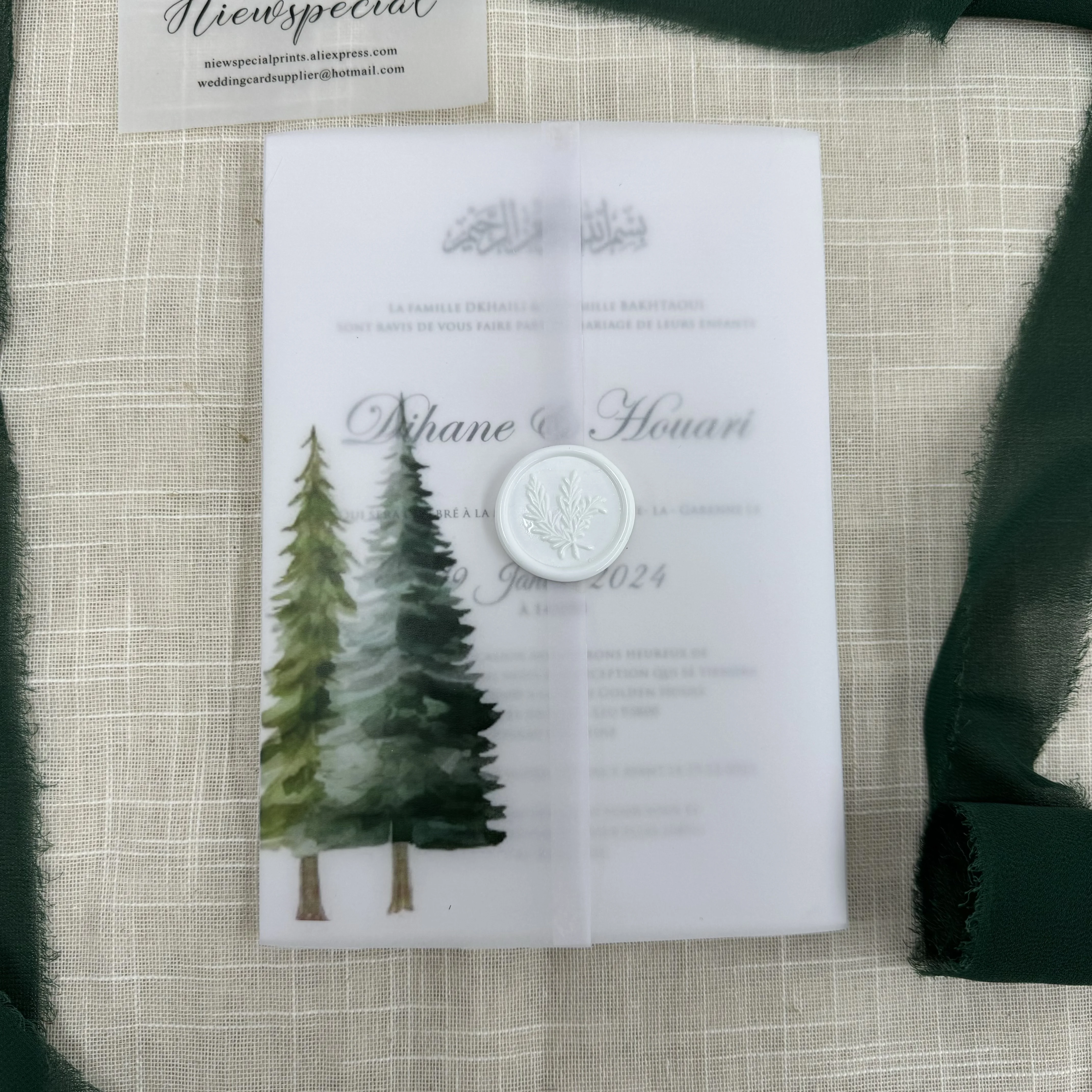 Green tree  Vellum  Wrap suitable for a 5 x 7 Wedding Invitation