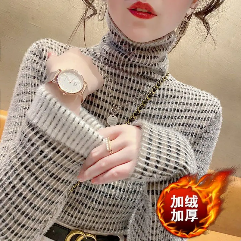 

"One velvet" 2022 autumn and winter new pile collar striped sweater women plus velvet padded inside knitted bottoming shirt