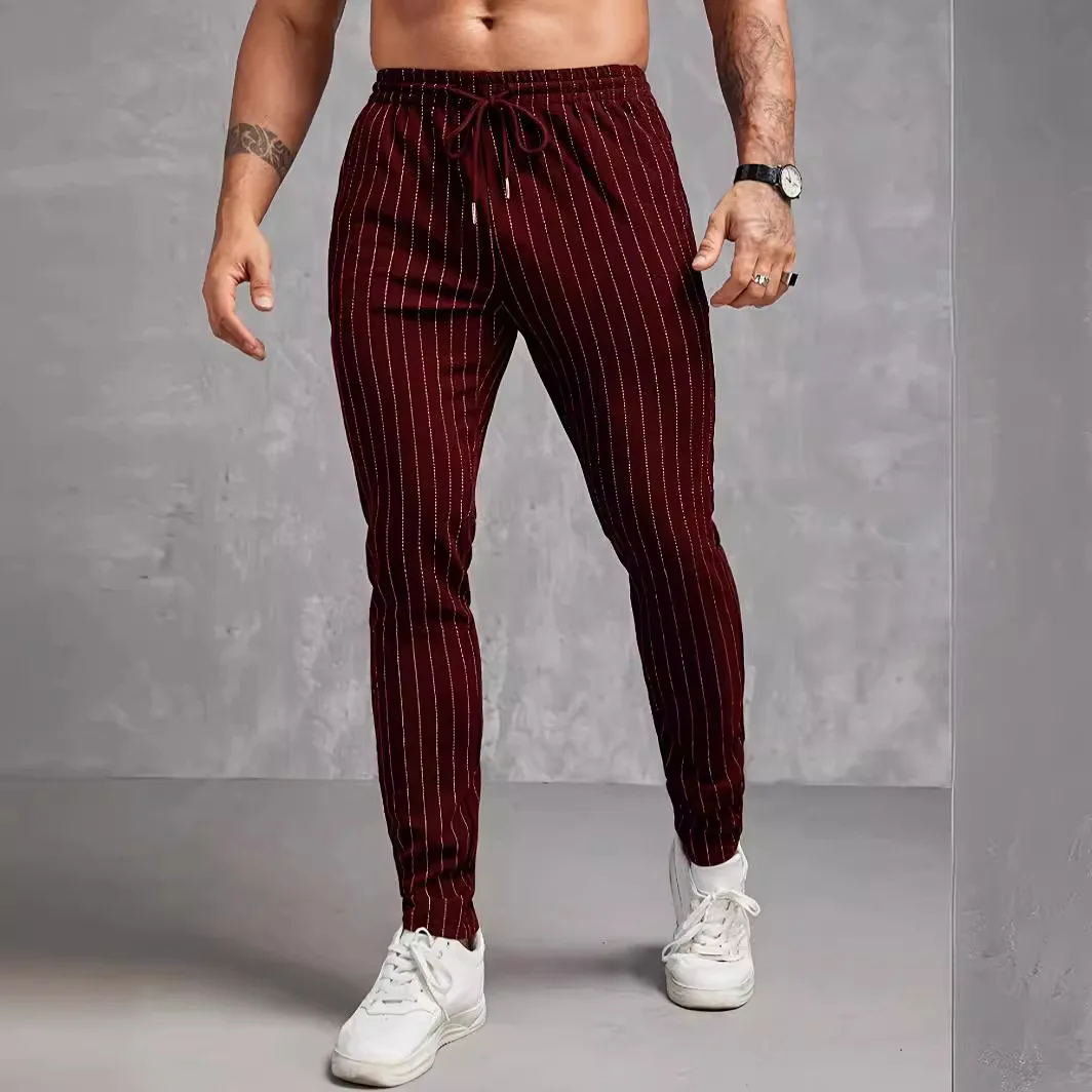 Male All Matching Striped Trousers Pattern Color Block Pocket Beach Casual Pants Drawstring Wide Leg Straight Pants