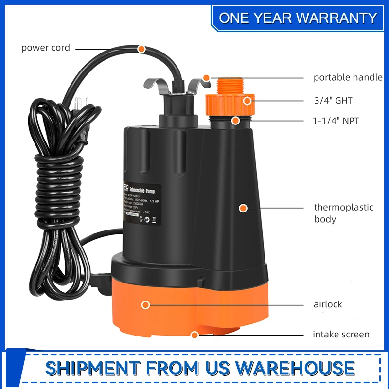 1/3HP 2500GPH Submersible Water Pump Utility Pump Portable Electric Clean Water Drainage Pump for Pool Draining Flooding