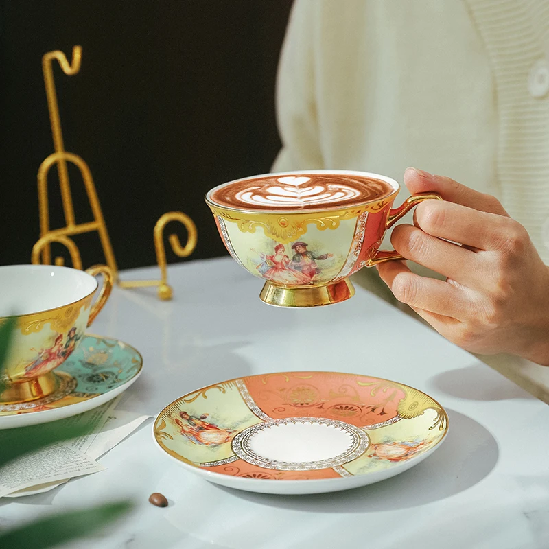 Palace Ball European Entry Lux Gold Plated Bone China Coffee Cup and Saucer Set Retro Style Cup and Saucer Coffee Cup Set