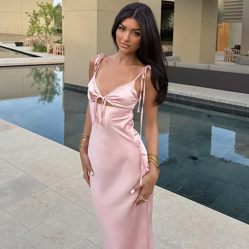 Satin Sexy Rückenfreies Kleid Abend Club Geburtstag Kleider 2025, Frauen Sommer Sexy Bodycon Lange Party Elegante Prom Rosa Kleid