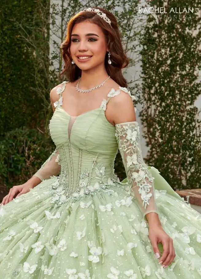 Vestidos de princesa verde salvia para quinceañera, corsé brillante Floral de mariposa de lujo para graduación, 15 años