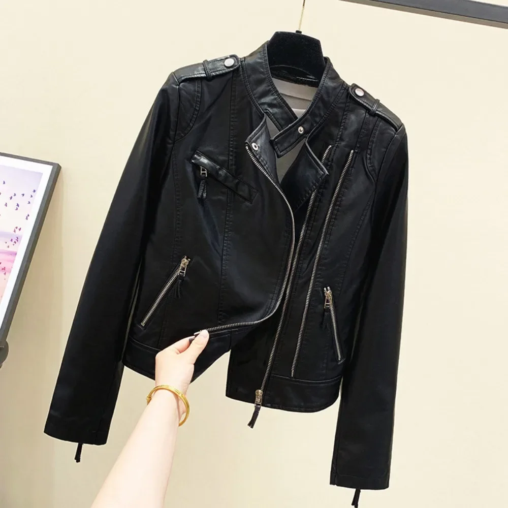 2024 PU Motorcycle Leather Jacket Women Autumn New American Ladies Style High Waist Slim Net Short Spring Small Coat