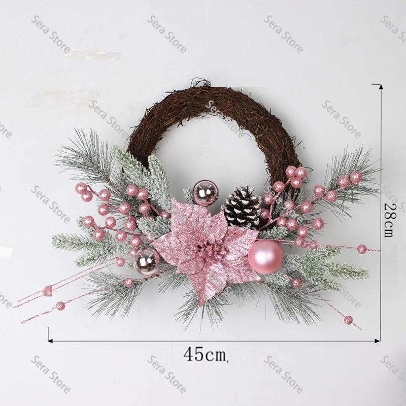 1pcs Christmas Explosion  Pink Christmas Flower Electroplated Ball Snow Cream Flocking PE Pine Needle Rattan Wreath Rattan