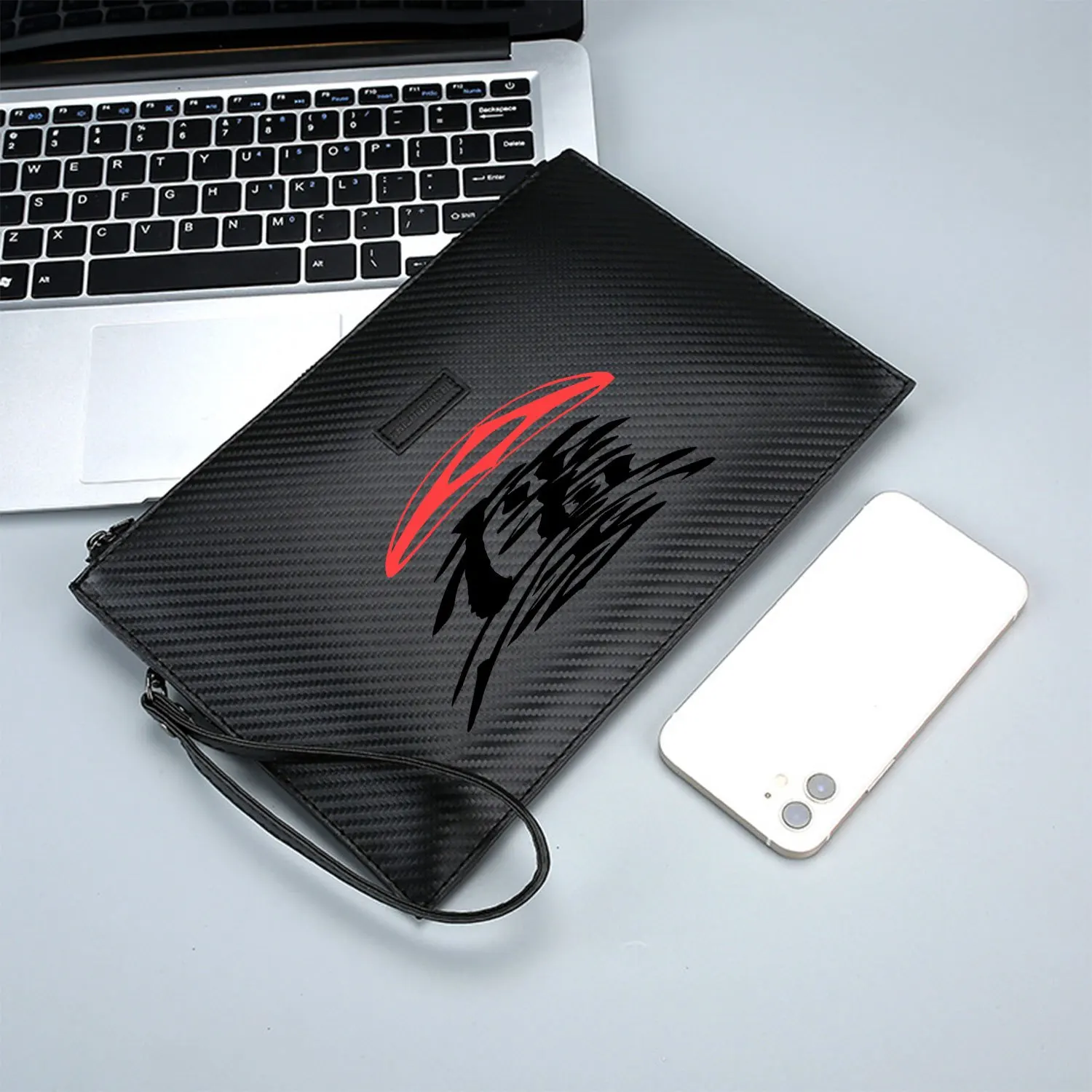 Rote, gewellte Linien, abstrakte Designform, elegante, bedruckte PU-Herrenhandtasche, modisch und praktisch für den täglichen Transport