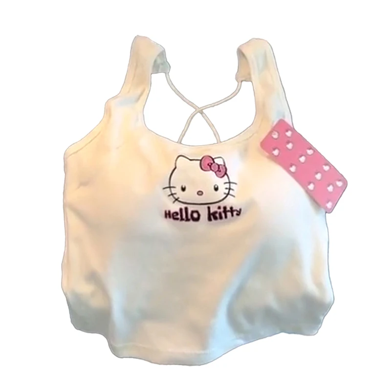 

Girl Gift Sanrio Fashion Clothing Hello Kitty Top With Breast Pad Cute Top Girl Summer Cool Cropped Top White Suspender