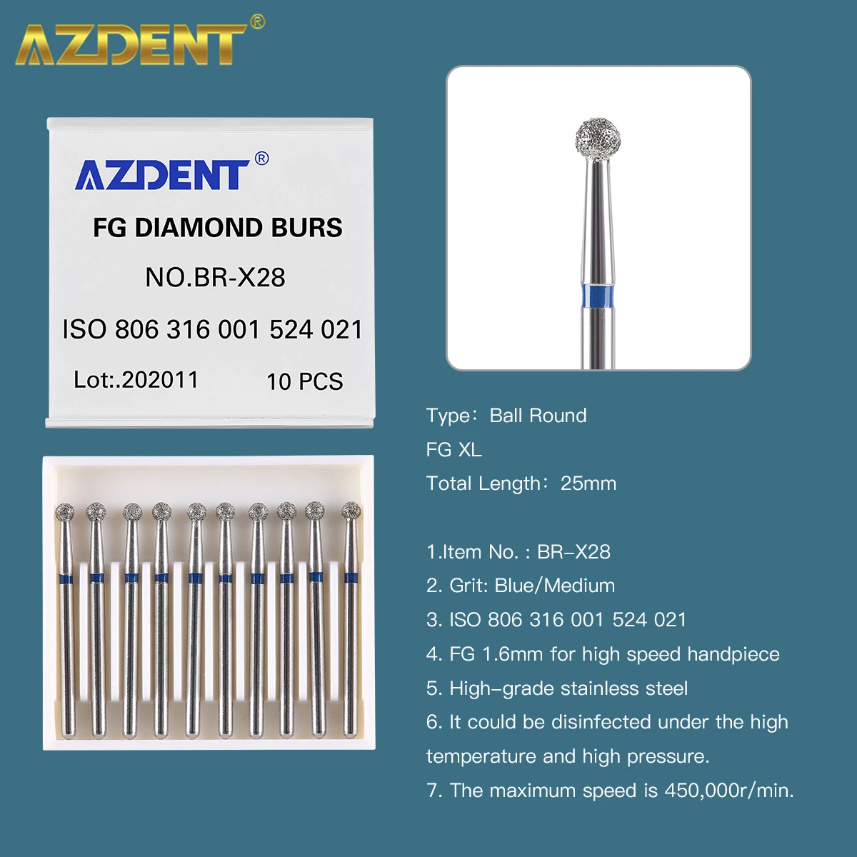 AZDENT 10 Pz/scatola Frese Diamantate Dentali Sfera Fresa Rotonda Lunghezza 25mm per Manipolo Ad Alta Velocità FG 1.6mm 450000 r/min