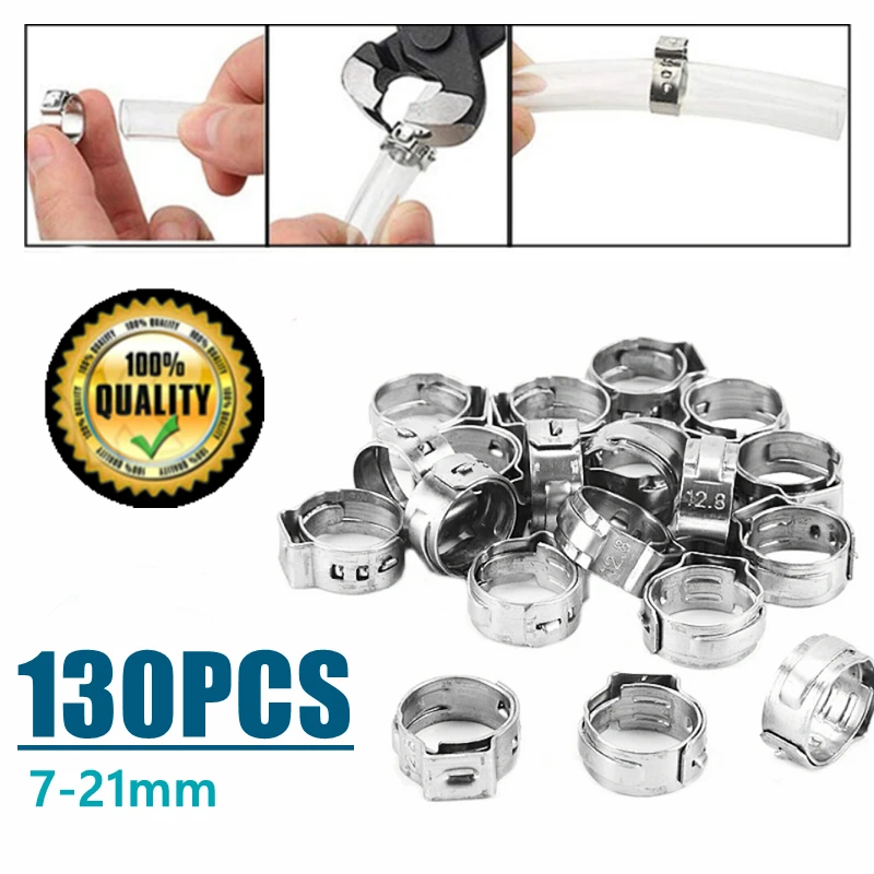 

130PCS 7-21mm Single Ear Hose Clamps 304 Stainless Steel Hose Clamps Cinch Clamp Rings for Sealing Kinds of Hose