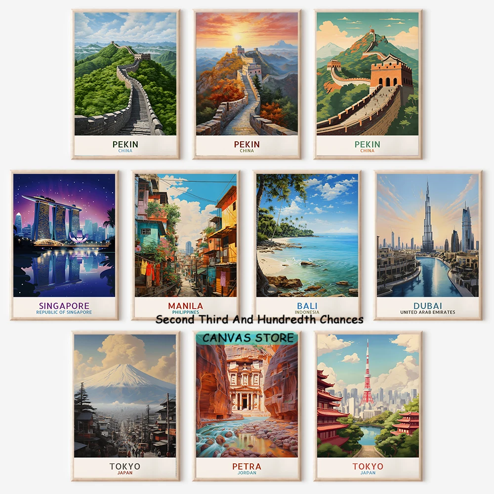 Asia Cities Traveling Art Poster Pekin Singapore Dubai Tokyo Traveling Wall Art Prints Asian Cities Home Decor Wall Decoration