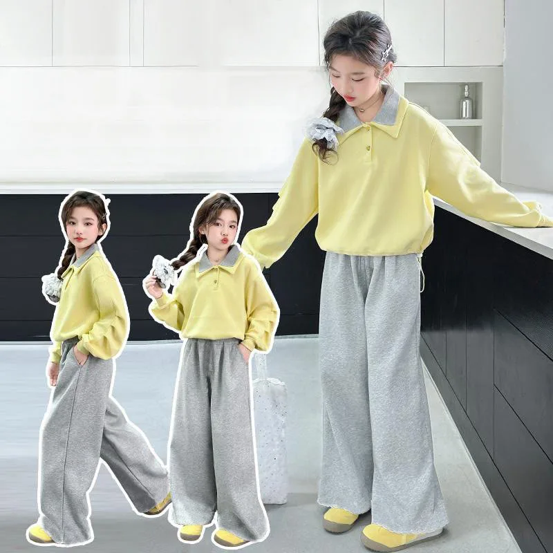 5 To 14 Years Girls Clothing Set 2026 New Patchwork Lapel Pullover Sweatshirt+Wide-Leg Pants 2Pcs For Teen Kids Casual Suit