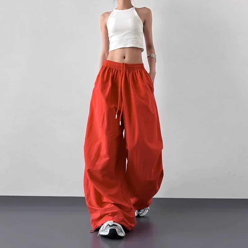 

Hot girl orange red work pants for women 2025 spring pleated casual wide-leg American loose pants
