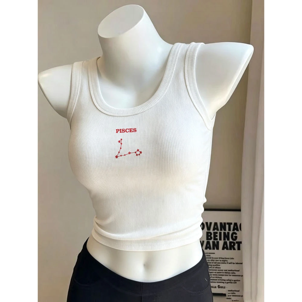 Pisces Constellation Red Dot Star Line Graphic Camisole Ribbed Tank Top Crop Y2k Top Women Slim U Neck Sleeveless Cropped Vest
