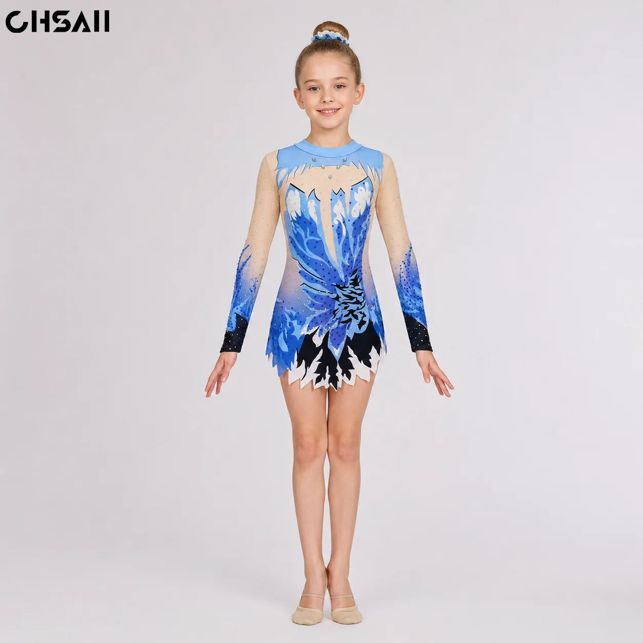 Maillot de Gimnasia Rítmica Azul y Blanco con Pedrería para Niñas, Manga Larga, Falda de Malla Transparente, Traje de Competición de Danza para Niñas