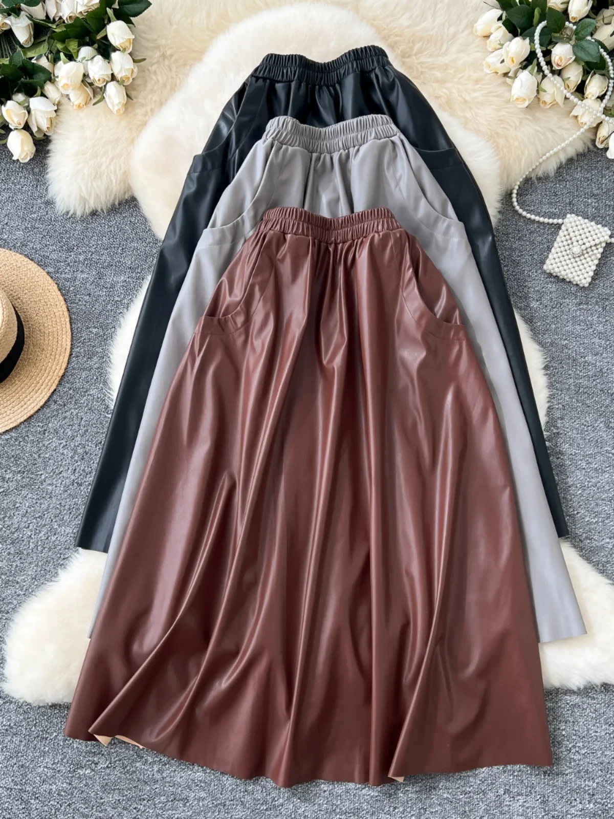 

Leather Skirt Women's Autumn 2024 New Style Elastic Waist Versatile A-line Skirt High Waist Slimming Mid-length Large Hem Skirt