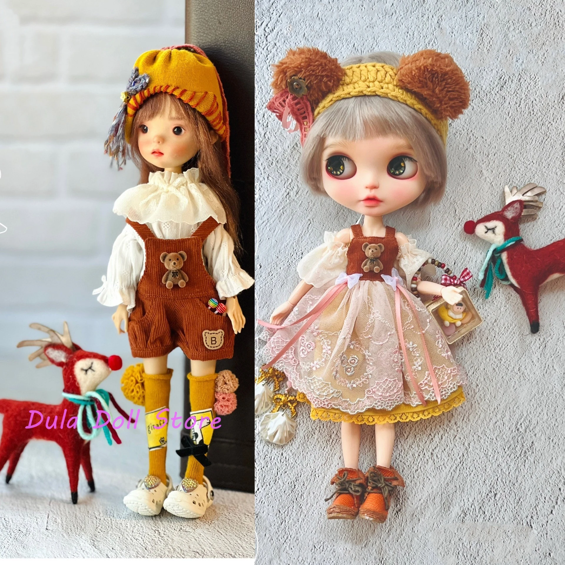 

Dula Doll Costume Blythe 2025 New yellow-brown bib skirt bear suit for ob24 ob22 Azone 1/6 Doll Accessories