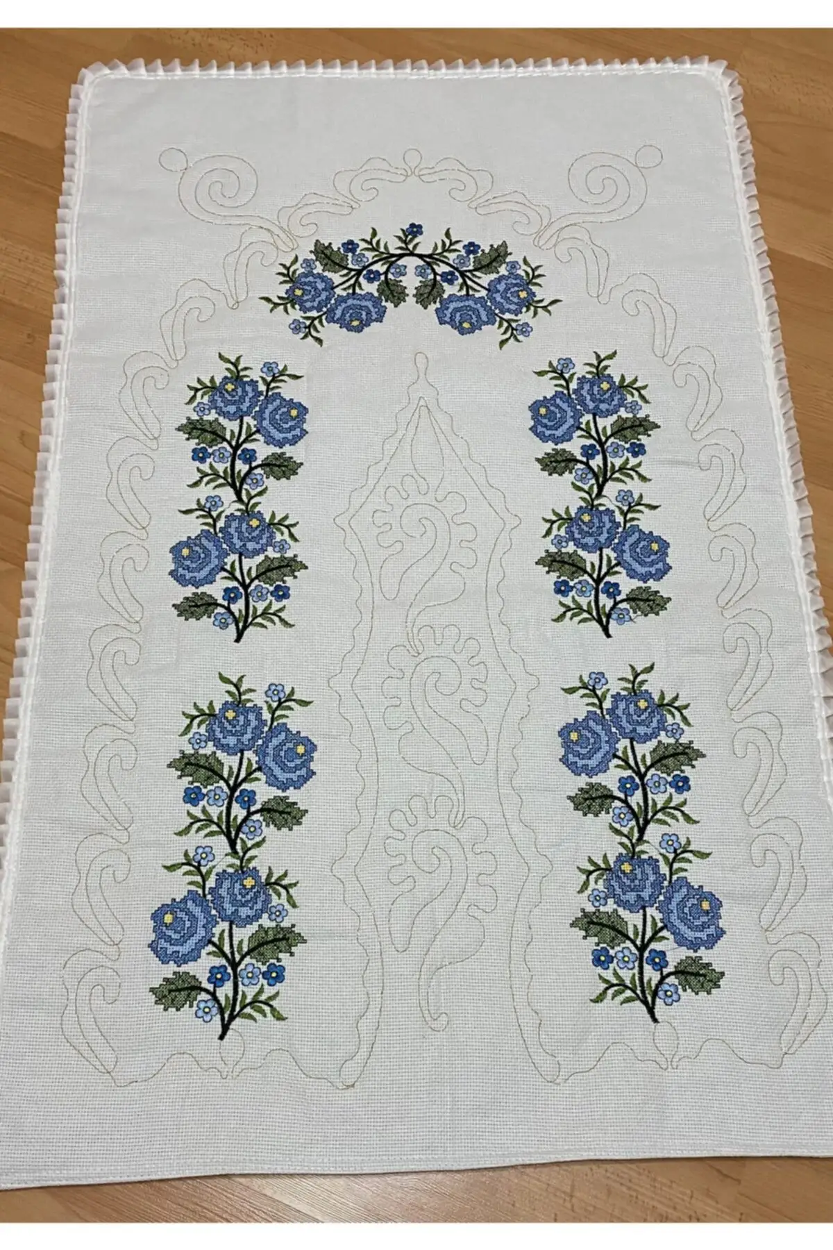 Dovi dowry 100 cotton linen embroidered embroidered embroidered cotton linen cream * blue Seccade Meditation Rug