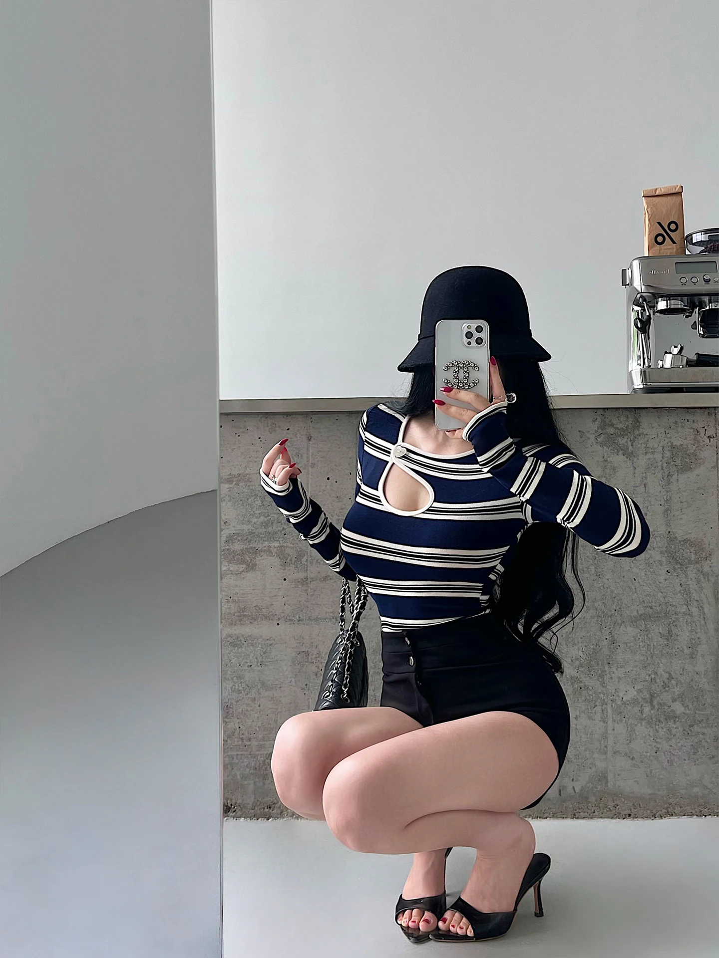 Sexy Hollow out Slim Fit Striped Long Sleeve T-Shirt Young Girl Day Pure Desire Spicy Girl Style Daily Wear Ladies Top