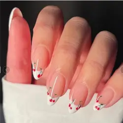 Unhas Postiças Acrílicas Destacáveis, Pressione No Prego, Cereja Bonito, Francês, Amêndoa, Wearable, Unhas Falsas Artificiais, Full Cover Nail Tips, 24pcs