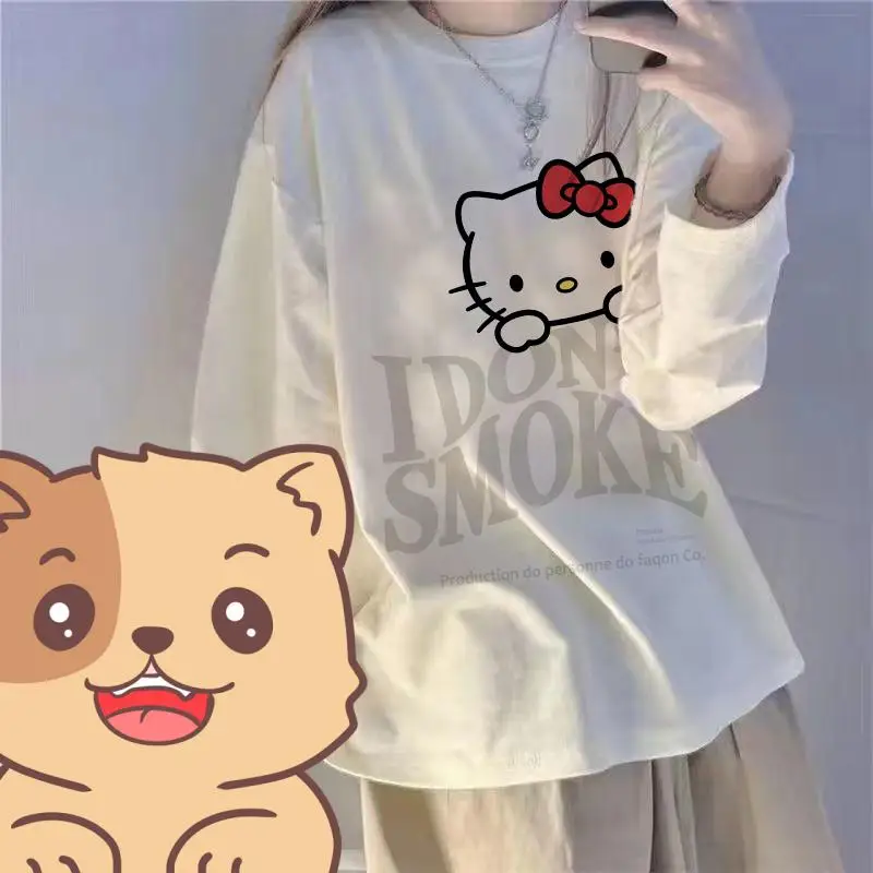 Anime Cartoon Hellokitty Pure Cotton Long Sleeve T-Shirt Kawaii Woman Spring Undershirt Tops Student Versatile Bottom Shirt Gift