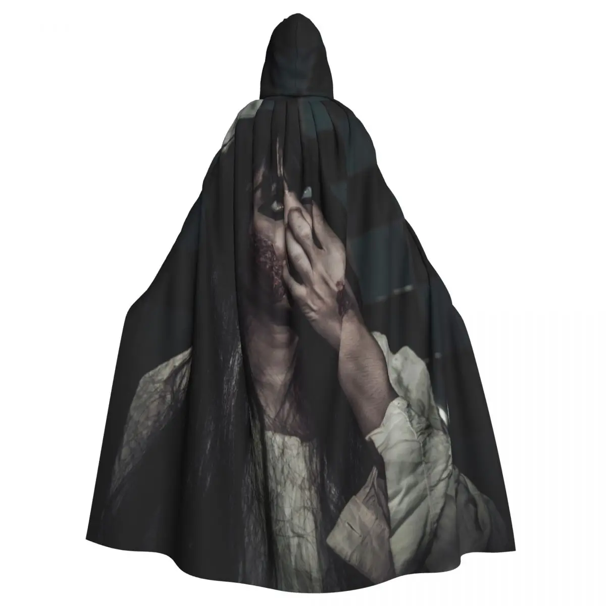 

Bloodied Face Horror Cloak for Halloween Costume Unisex Adult Cloak with Hood Long Witch Costume Cosplay