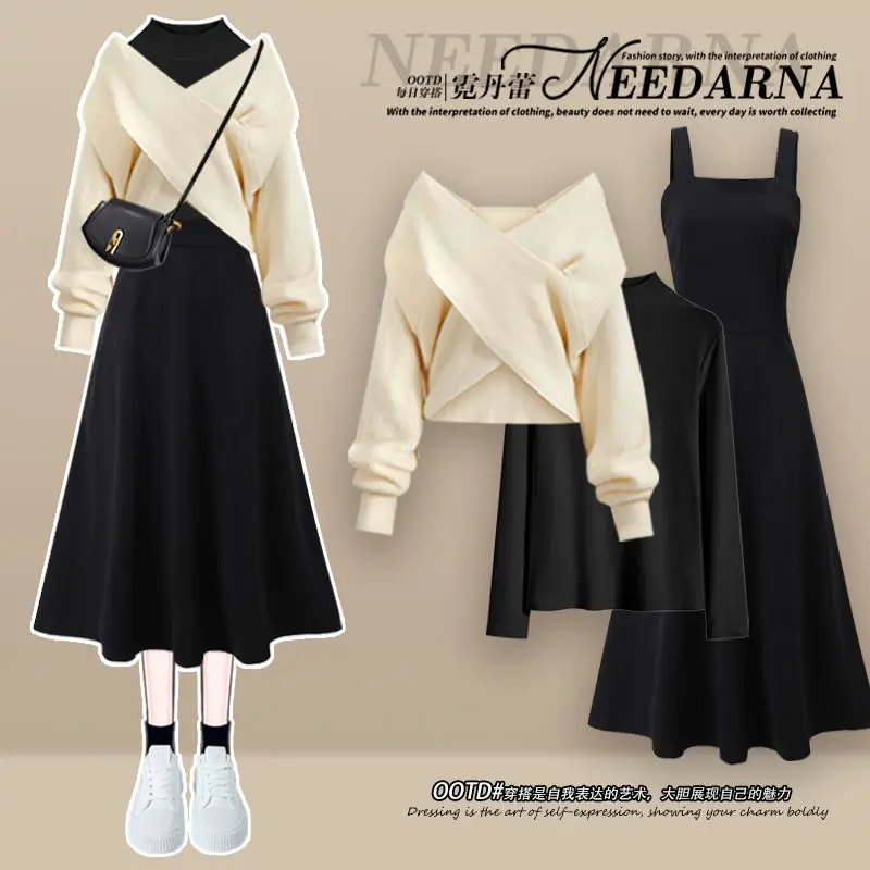 2024 Korean Autumn/Winter New Fashion Versatile Women's Set Cross Sweater+Inner Shirt+Dress Three Piece Set