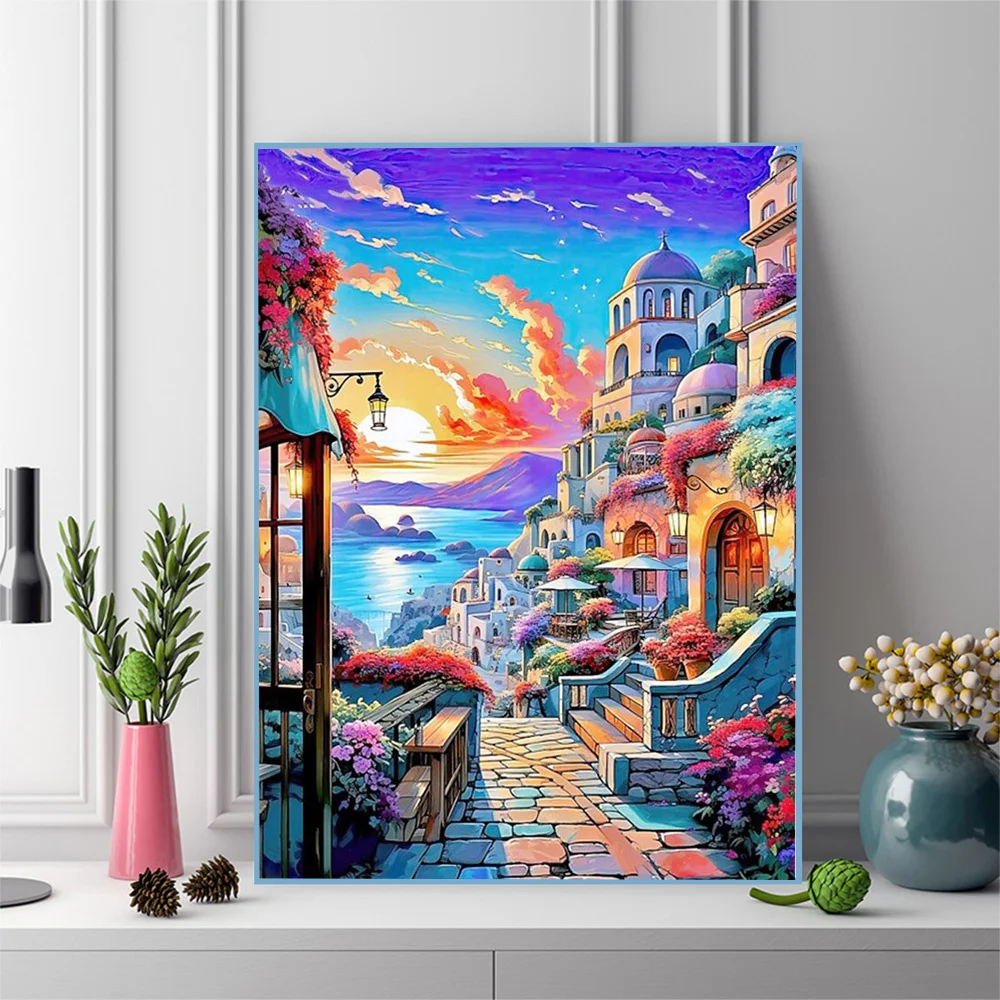 Evershine Diamond Painting City Street Diamond Embroidery Town Landscape Needlework Seaside Mosaic Sunset Handicraft