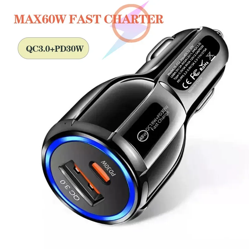 15W30W48W60W Car Charger 2 Ports Car Charger Fast Charging QC3.0 PD12W PD20W PD30WCar Cigarette Lighter Flash Charge For phones
