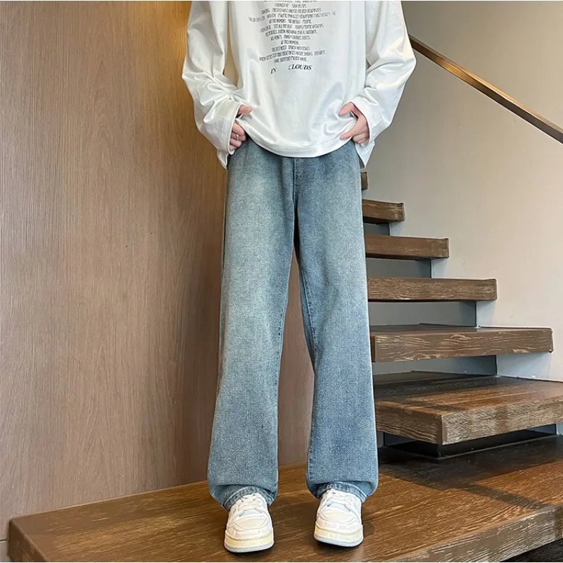 

Basic Slouchy Men Casual Jeans Straight Leg Loose Fitting Trendy Jeans Blue Denim Pants Daily Baggy Pants