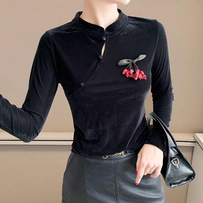 

New,European,Clothes,T-Shirt,Chic,Sexy,New Chinese-style,Slanted,Velvet,Bow,3D,Little pepper,Women,Tops,Long Sleeve,Tees,58049